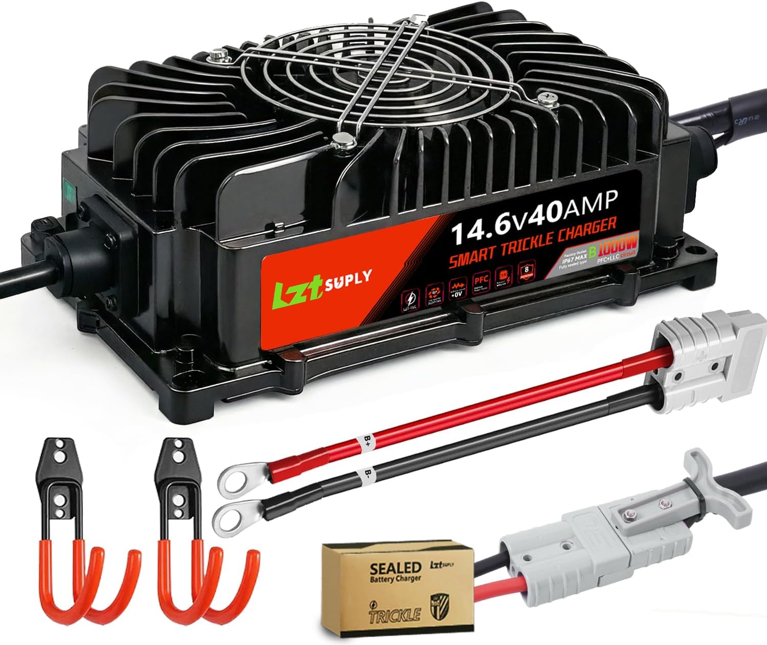 12V 40A LiFePO4 Battery Charger, 14.6V Lithium Battery Charger, IP67 Waterproof 0V Battery Rescue Smart Trickle Charger with SB50 Plug to M8 Ring Terminal, Ideal for Car, RVs, Boat, Trolling Motor