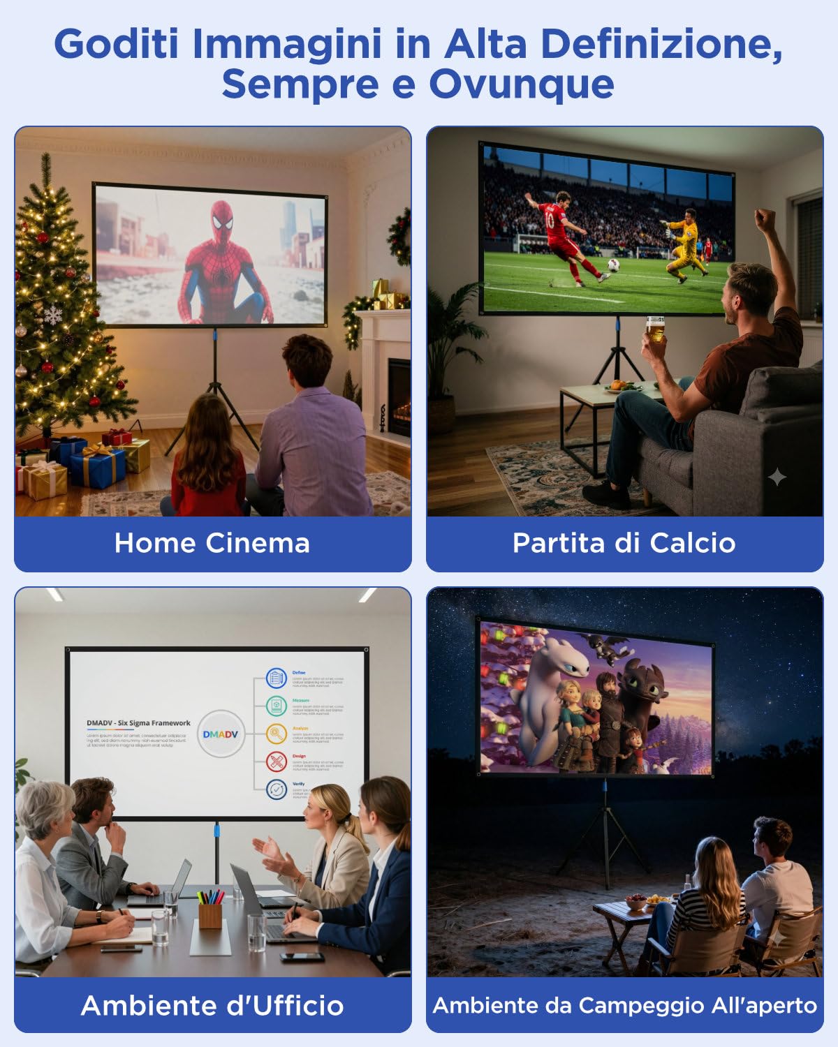 VISULAPEX 100"Schermo Proiettore, 16:9 4K Schermo per Proiettore con Supporto Portatile, Idea per Teatro Domestico, il Cinema All'aperto Feste in Giardino