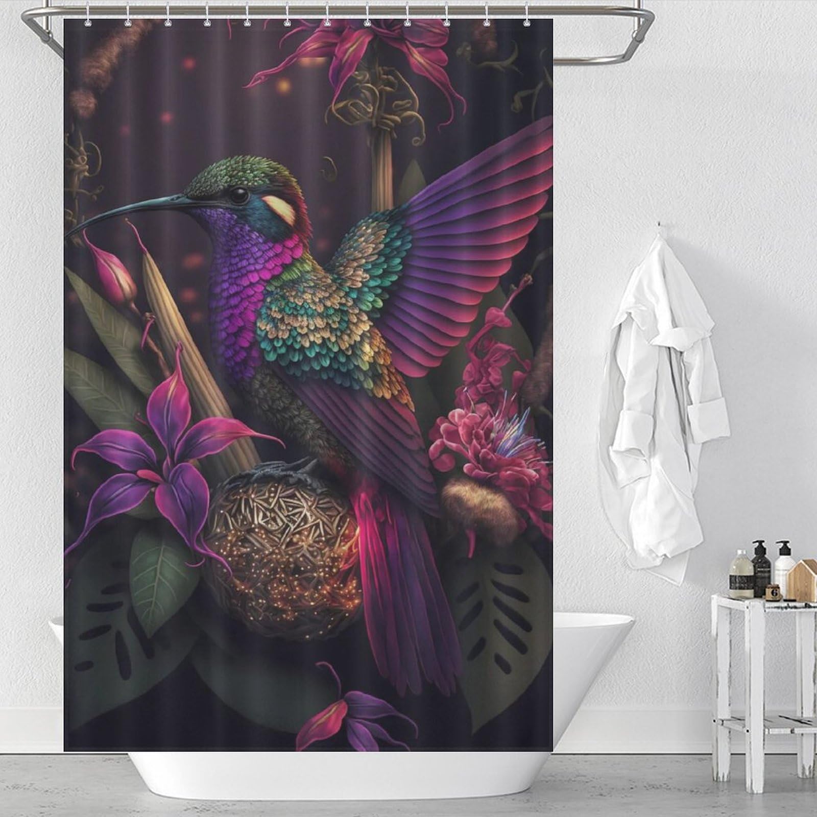 Rideau de douche colibri coloré imperméable 122x183cm rideau baignoire anti-moisissure crochets