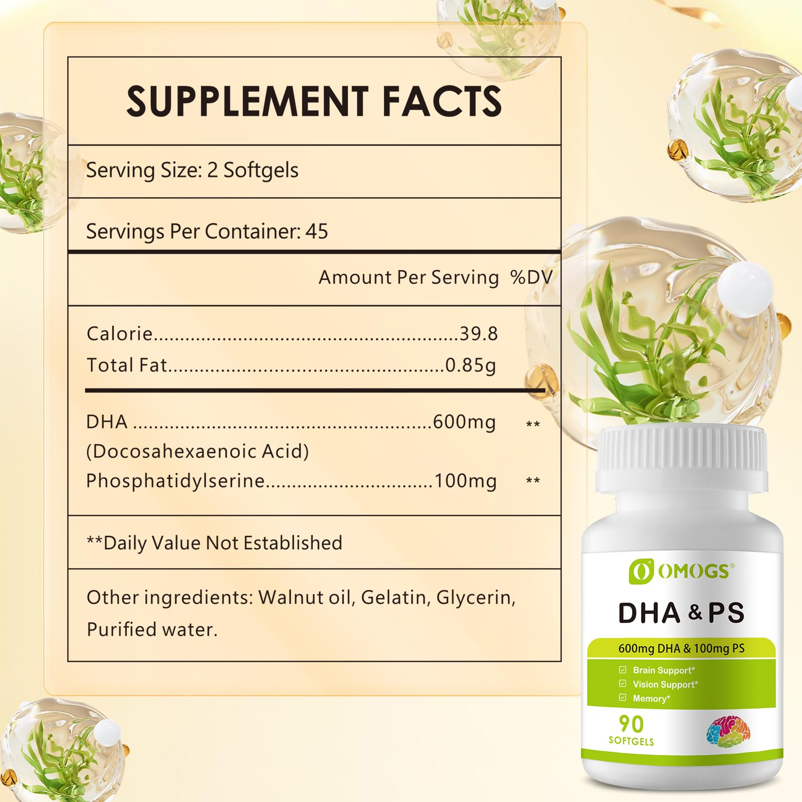 OMOGS Algae DHA - 600 mg Omega-3 DHA Softgels, with Phosphatidylserine & Walnut Oil, Supports Healthy Brain Function, Vision, Eye & Memory, Gluten Free, Non-GMO, 90 Softgels — Amazon image 2
