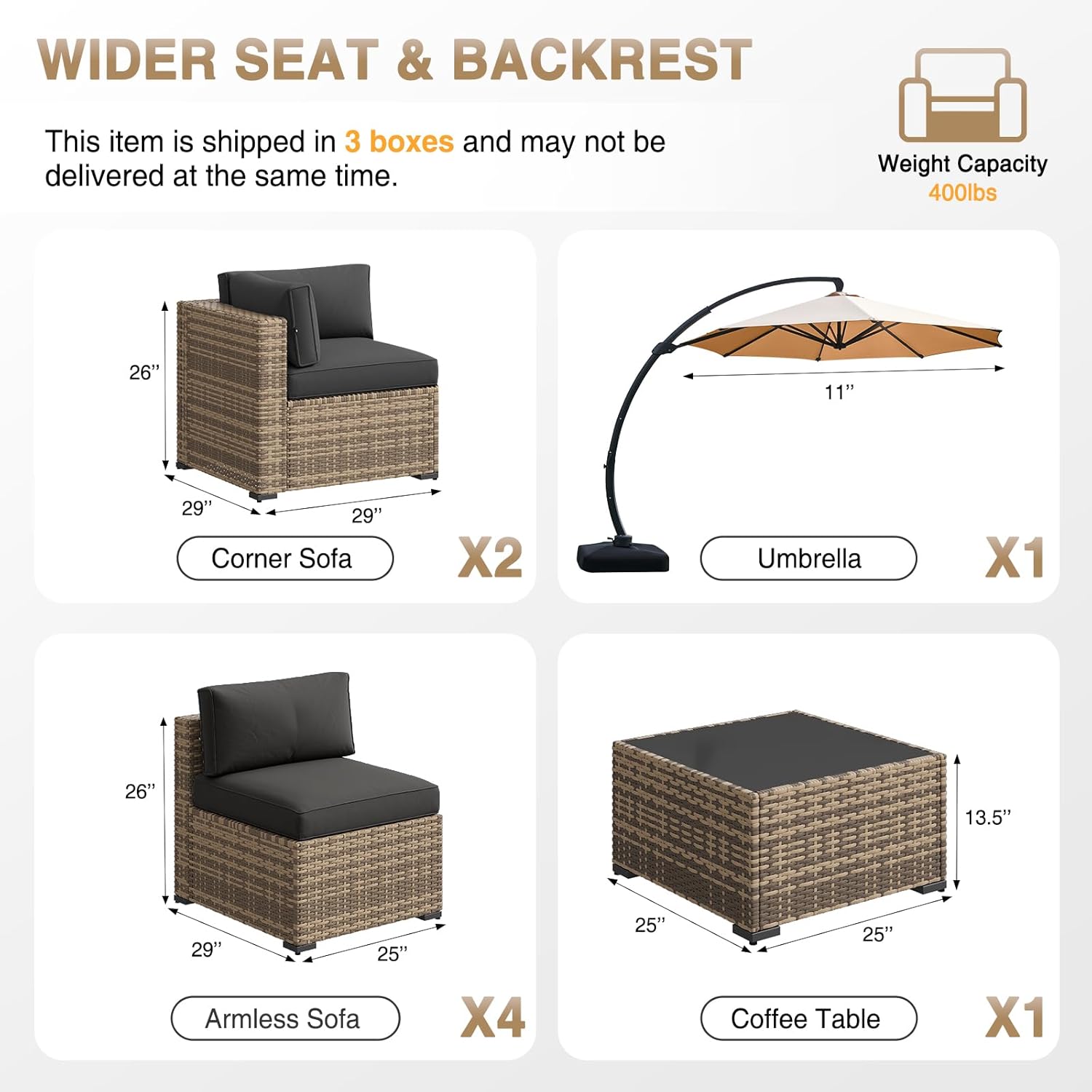 Aoxun Patio Furniture Sets, 8-Piece Outdoor Patio Furniture with 11FT X 11FT Cantilever Umbrella, Wicker Outdoor Conversation Set Sectional Sofa for Backyard, Poolside, Garden