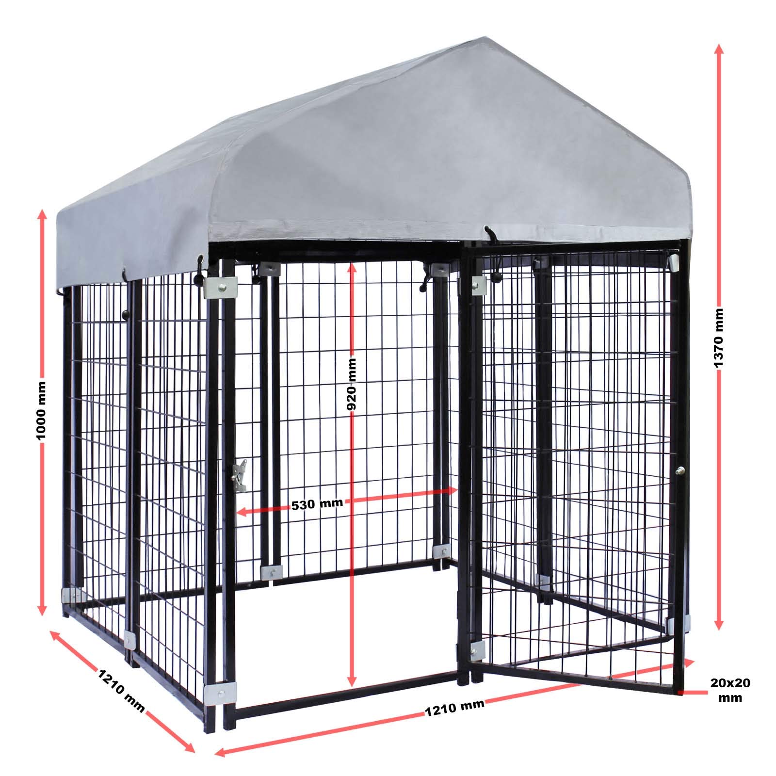 Wiltec Hundezwinger mit Überdachung 121 x 121 x 137 cm, Hundehütte mit Sonnendach, Robustes Outdoor Hundehaus mit Stäben aus Stahl