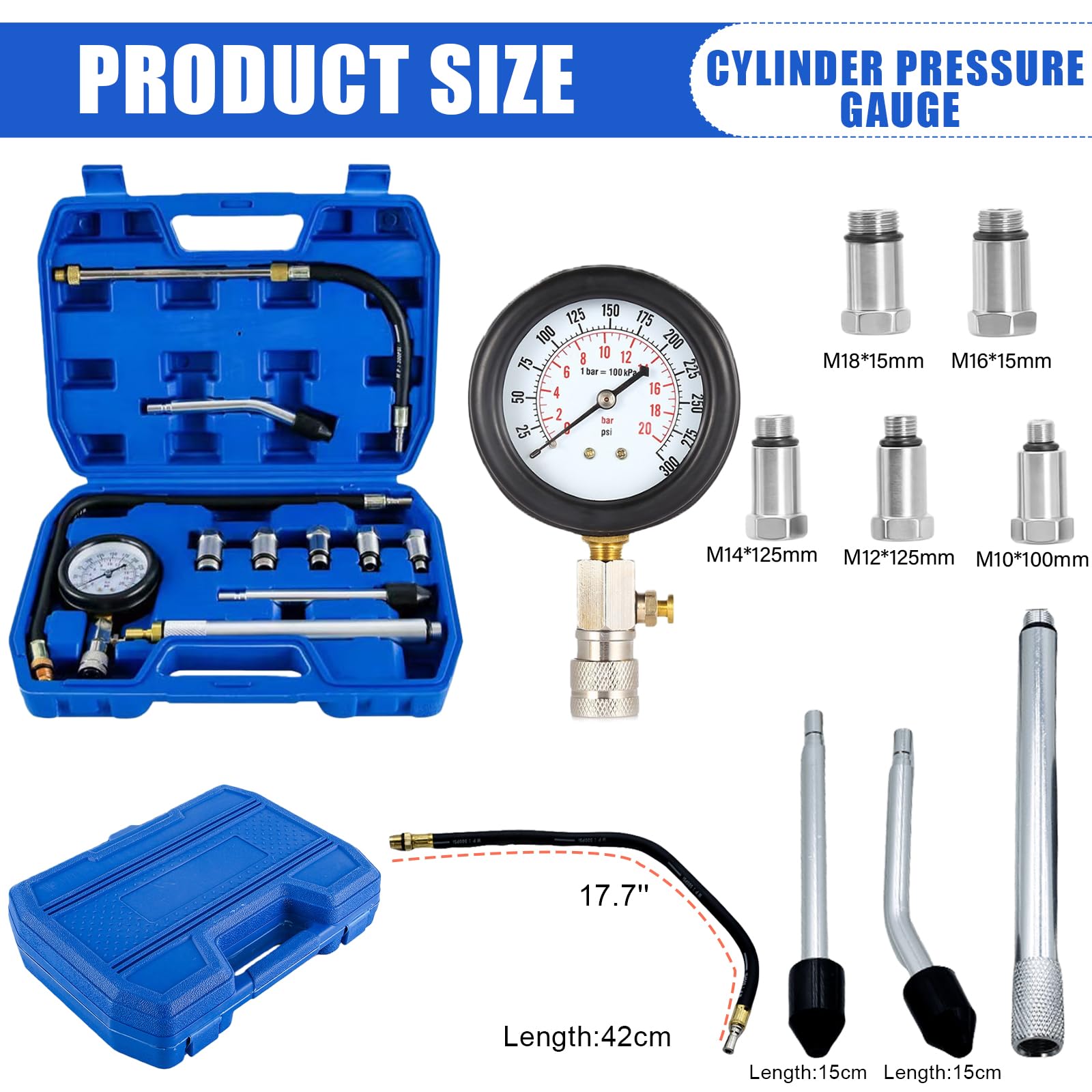 Set di tester di compressione per auto, tester di compressione, motore a benzina, 0-300 PSI/0-20 bar, tester di compressione per auto, benzina, controllo della compressione, misuratore di compressione