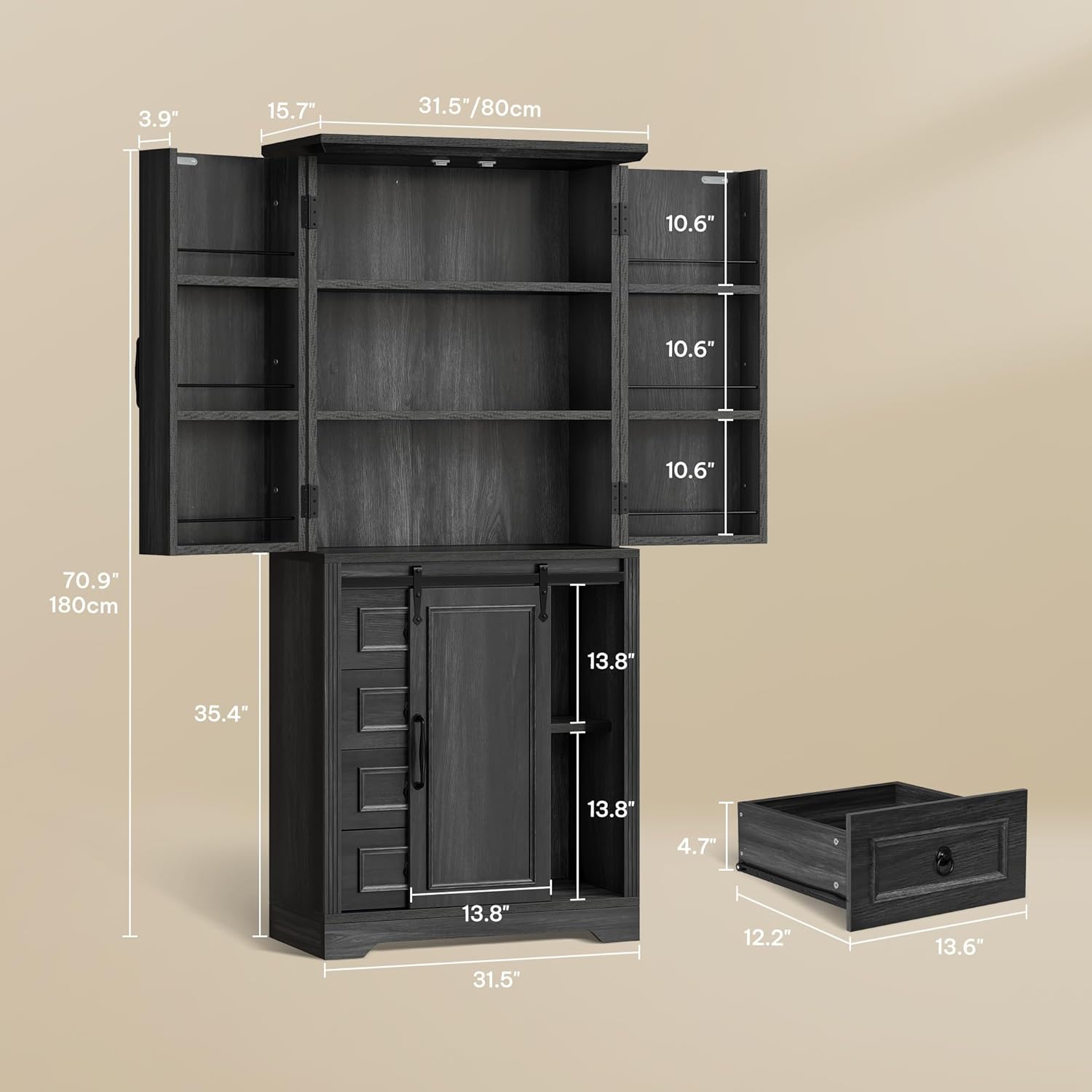 YITAHOME Pantry Cabinet, 71-Inch Tall Freestanding Storage Cabinet with 4 Drawers, Farmhouse Cupboard with Doors Storage, Adjustable Shelves, for Living Room, Dining Room, Gray Oak