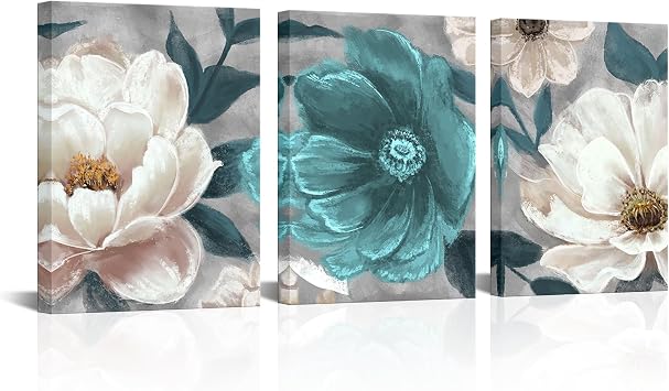 RyounoArt Teal Flower Pictures Aqua Floral Canvas Wall Art Paintings for Bathroom Bedroom Decor Gallery Wrapped 12 * 16in*3pcs
