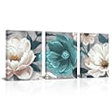 RyounoArt Teal Flower Pictures Aqua Floral Canvas Wall Art Paintings for Bathroom Bedroom Decor Gallery Wrapped 12 * 16in*3pcs