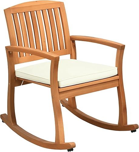 Outsunny Mecedora para exteriores con cojín, mecedora de madera de acacia para patio trasero, patio, hogar, tono teca