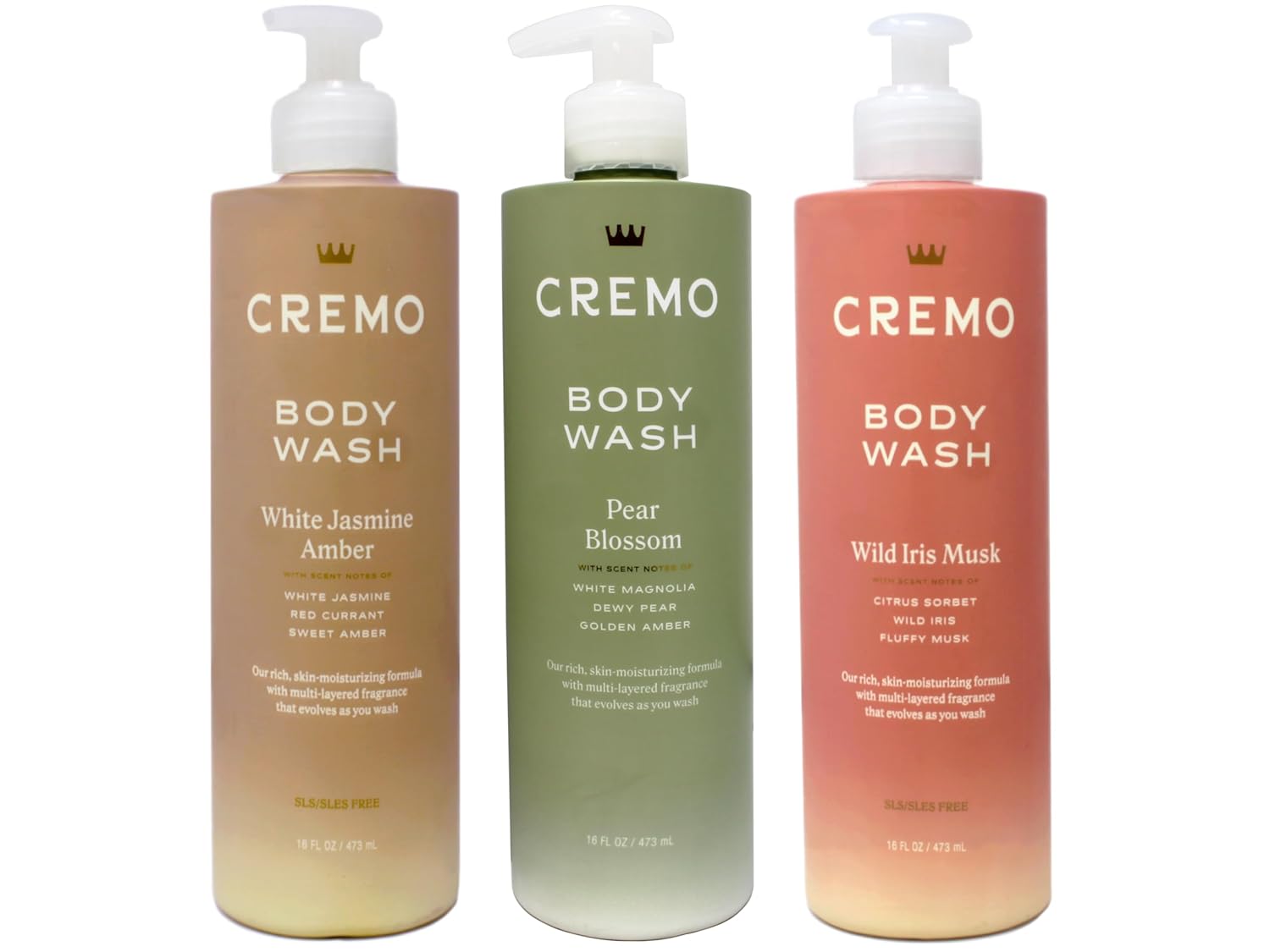 Cremo Body Wash Set, White Jasmine Amber, Pear Blossom, Wild Iris Musk, 16 fl oz Each