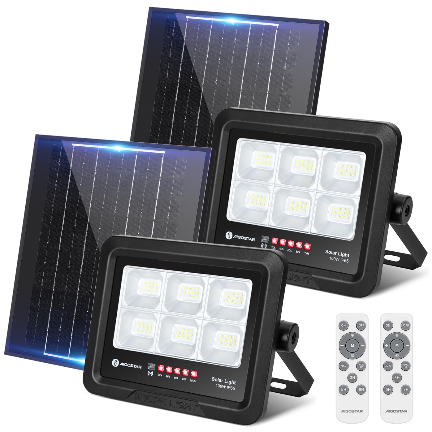 Aigostar Foco Proyector LED Solar con mando a distancia 100w, Blanco Frío 6500K, Foco Solar Exterior Impermeable IP65,Proyector LED Exterior con Brillo y Sincronización ajustables para Jardín,Garaje
