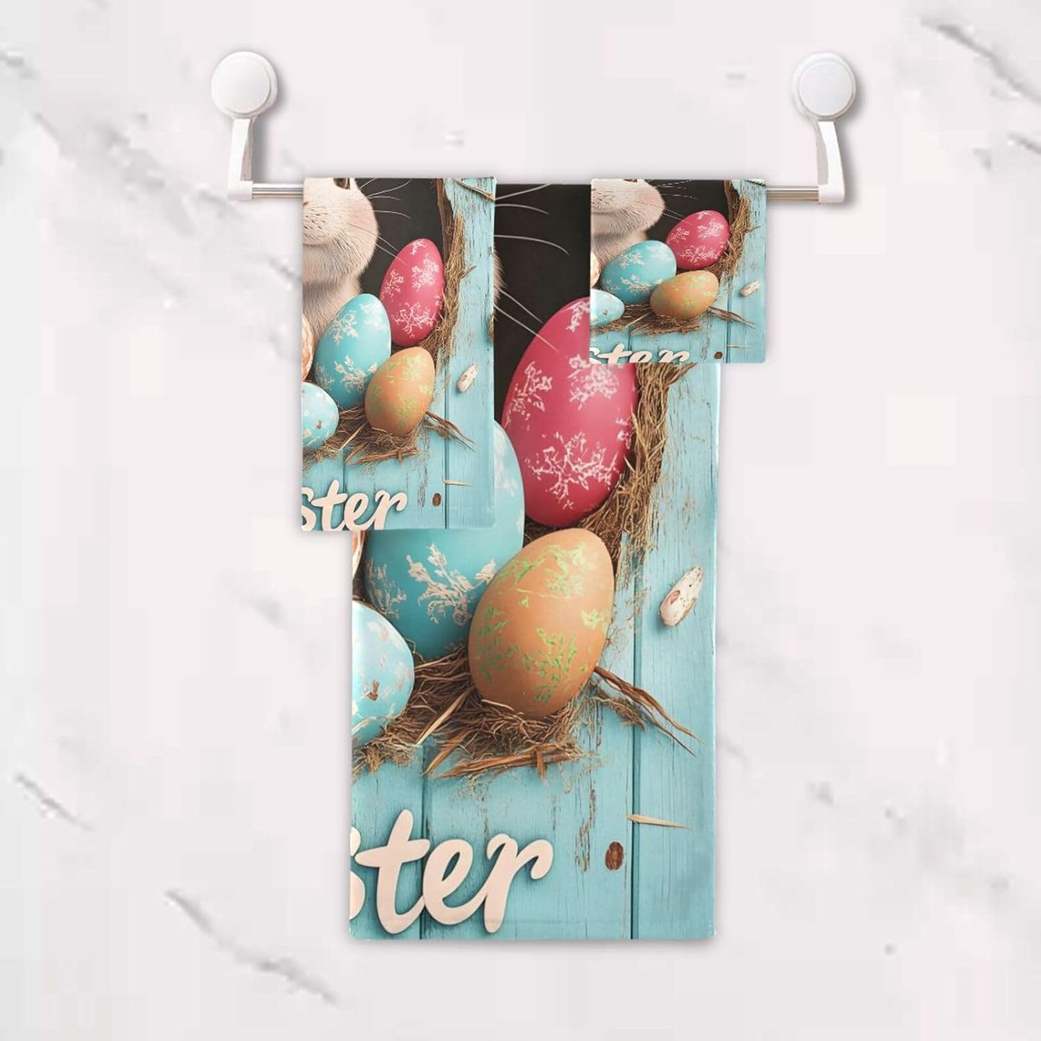STAYTOP Easter Towel Set 3Pcs,Cute Bunny Spring Easter Colorful Eggs Teal Wood Wall Bathroom Towels Ultra Soft Hand Towels Face Towel Washcloth for Gym Spa Bathroom