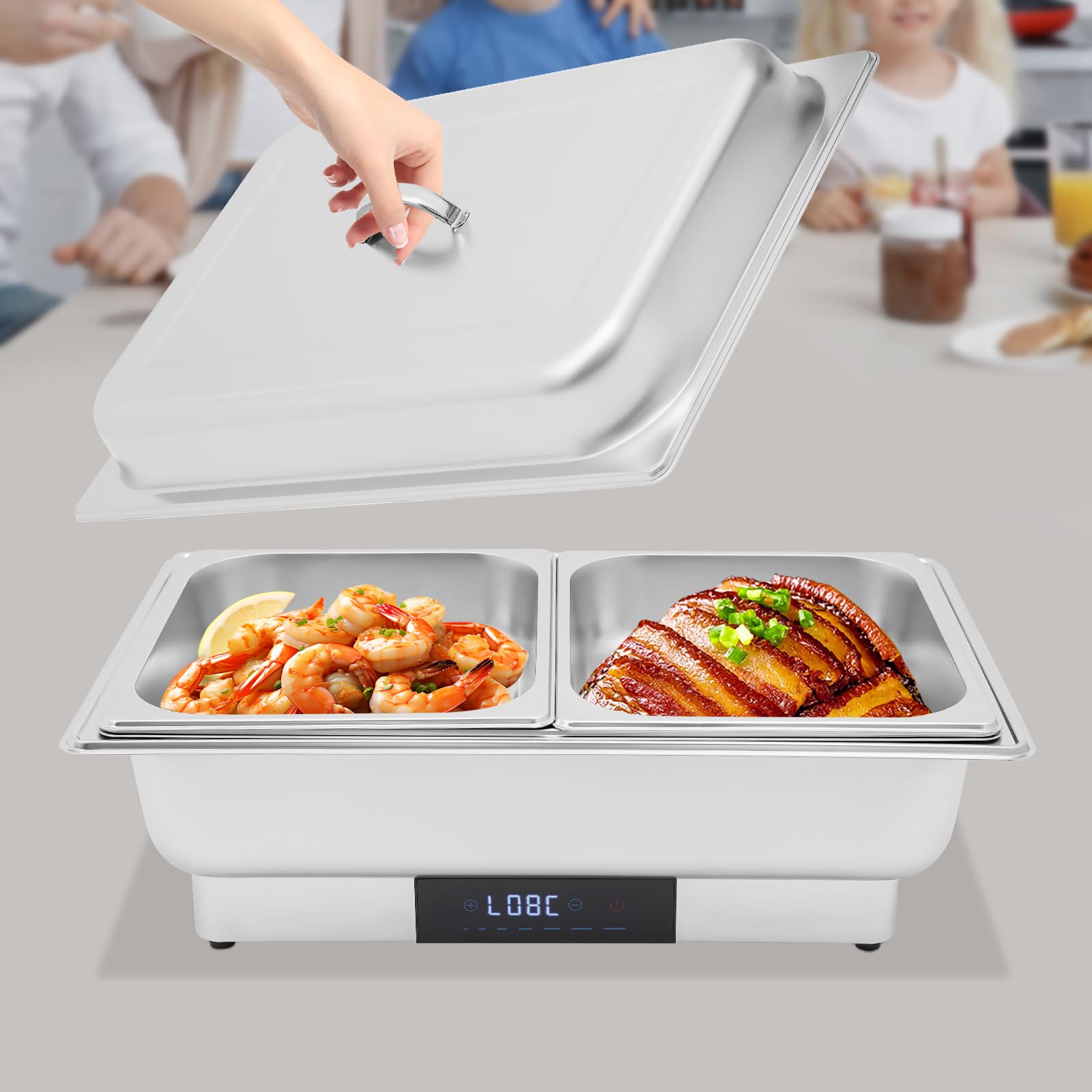 Chafing Dish elettrico in acciaio inox da 9 l, con coperchio e touch screen digitale, per buffet, 35-90 °C, per ristoranti e feste, 56 x 26 x 36 cm (1 scomparto + 2 piccoli scomparti, 9 l)