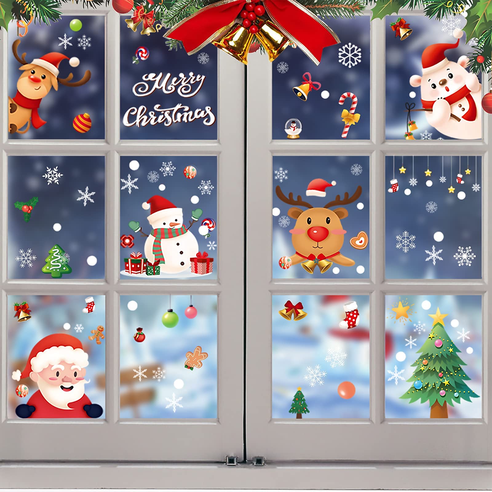 Adesivi Per Finestre Di Natale Double-Face - 9 Fogli Riutilizzabili, Con Babbo Natale, Renne, Fiocchi Di Neve