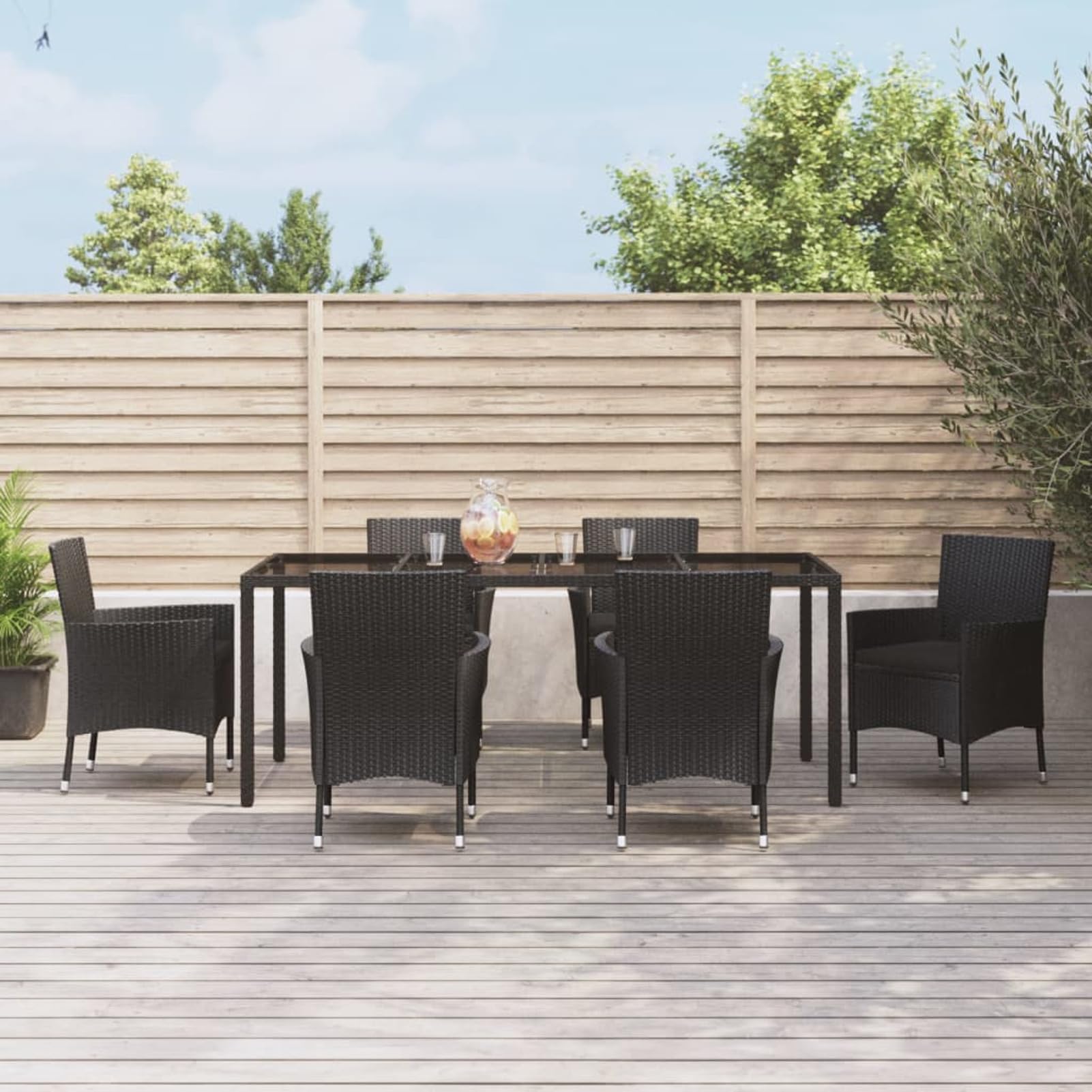Brokky 7-TLG. Garten-Essgruppe mit Kissen Gartenlounge Outdoor Garten Essgruppe Gartentisch Set Garten Sitzgruppe Schwarz Poly Rattan / 3187328