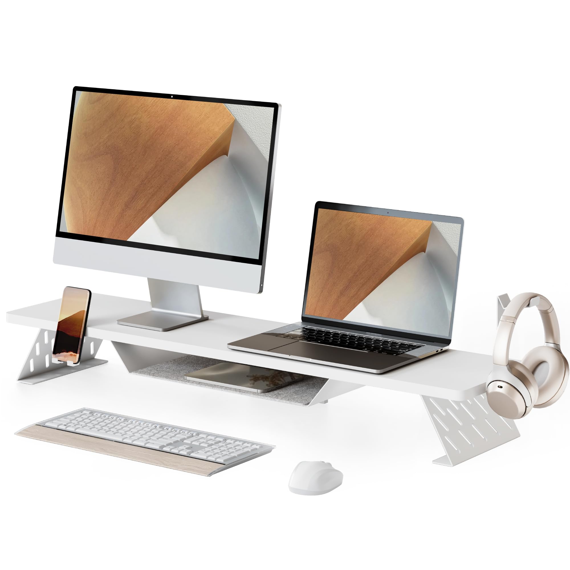 Fenge Supporto per Doppio Monitor con supporto per telefono/auricolare, Organizer Ergonomico per Scrivania per PC, Laptop Stampante, 108xW25xH13,8cm Capacità di carico 30KG (Bianco)