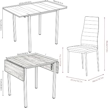 Drop Leaf Dining Table and Chairs Set 2 Seater Dining Room Dinner Set for Small Spaces, Foldable Small Kitchen Table, Space Saving (2 chairs, Grey Faux Leather Line)