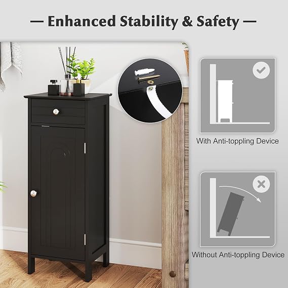 Tangkula Bathroom Floor Cabinet, Free-Standing Single Door Storage Cabinet with Drawer & 2 Adjustable Shelves, Wooden 14L Narrow Side Storage Organizer for Small Spaces, Living Room, Kitchen (Black)