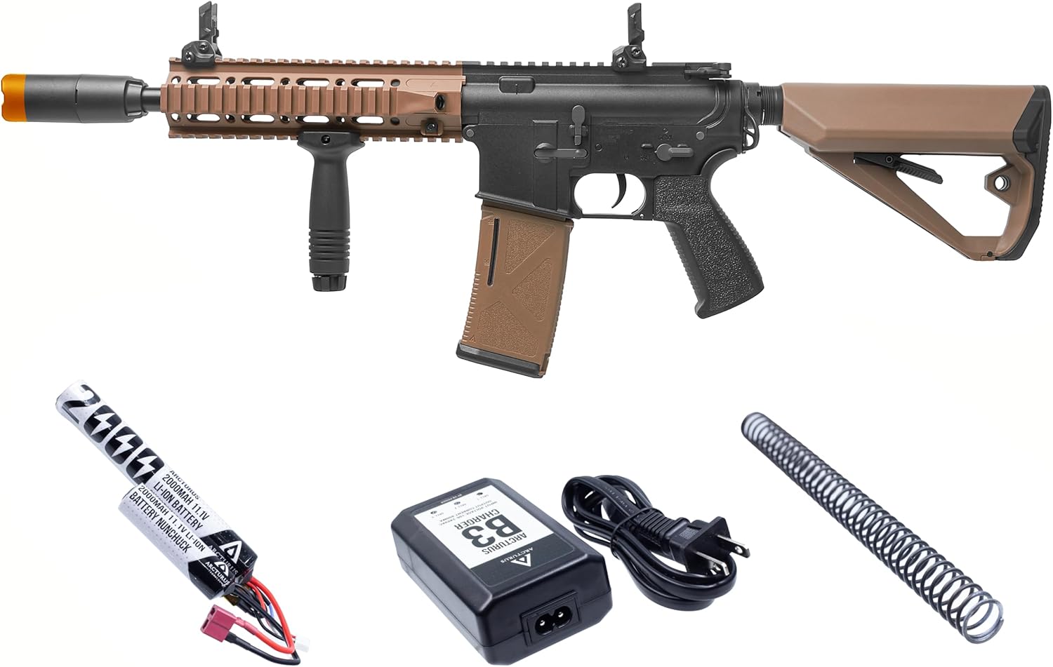 Arcturus Tactical LWT MK-II CQB 10" Polymer- Electric Full/Semi-Auto/2rd-Burst/3rd-Burst/Binary/Ramping Airsoft AEG Sport SE Starter Pack Black-Tan with Battery and Charger