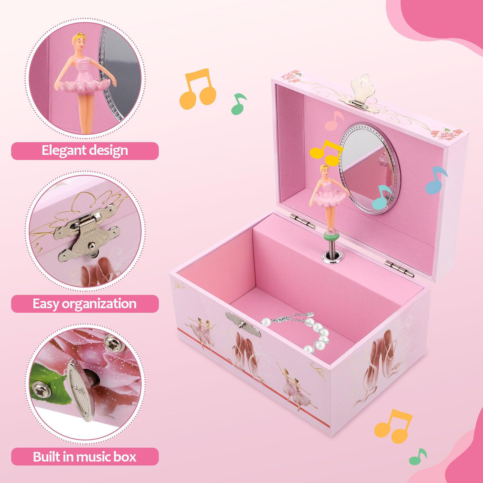 Caja de Música y Compartimentos, Tamaño Portátil Rosa de Ballet con Bailarina Giratoria para Niñas Adecuado para Decorar Habitación Infantil y Regalar en Ocasiones Obsequios