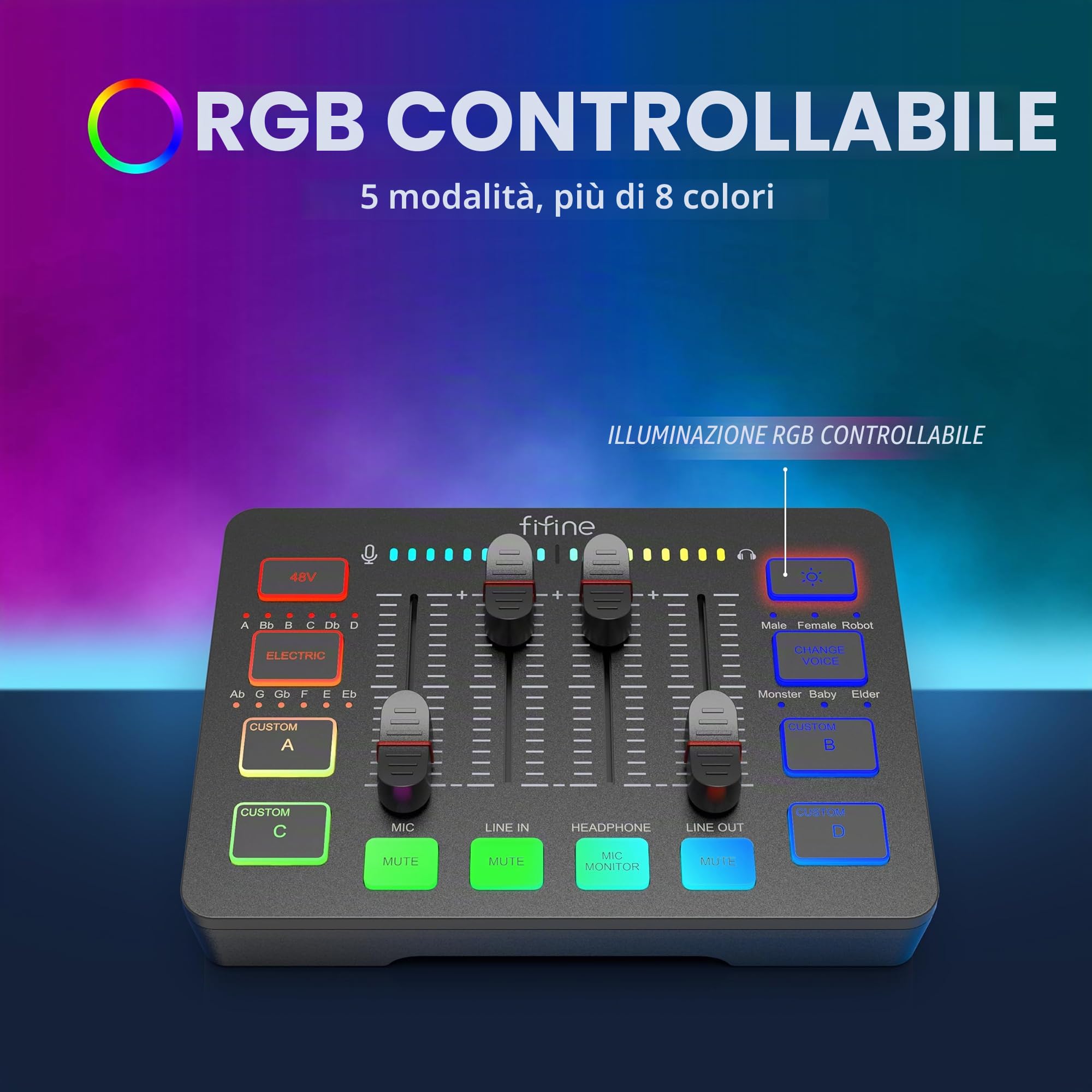 FIFINE Mixer Audio PC con Interfaccia XLR, RGB Streaming Gaming Audio Mixer, Controllo Individuale, Regolatore di Volume, Pulsante di Muto, Alimentazione Phantom 48V