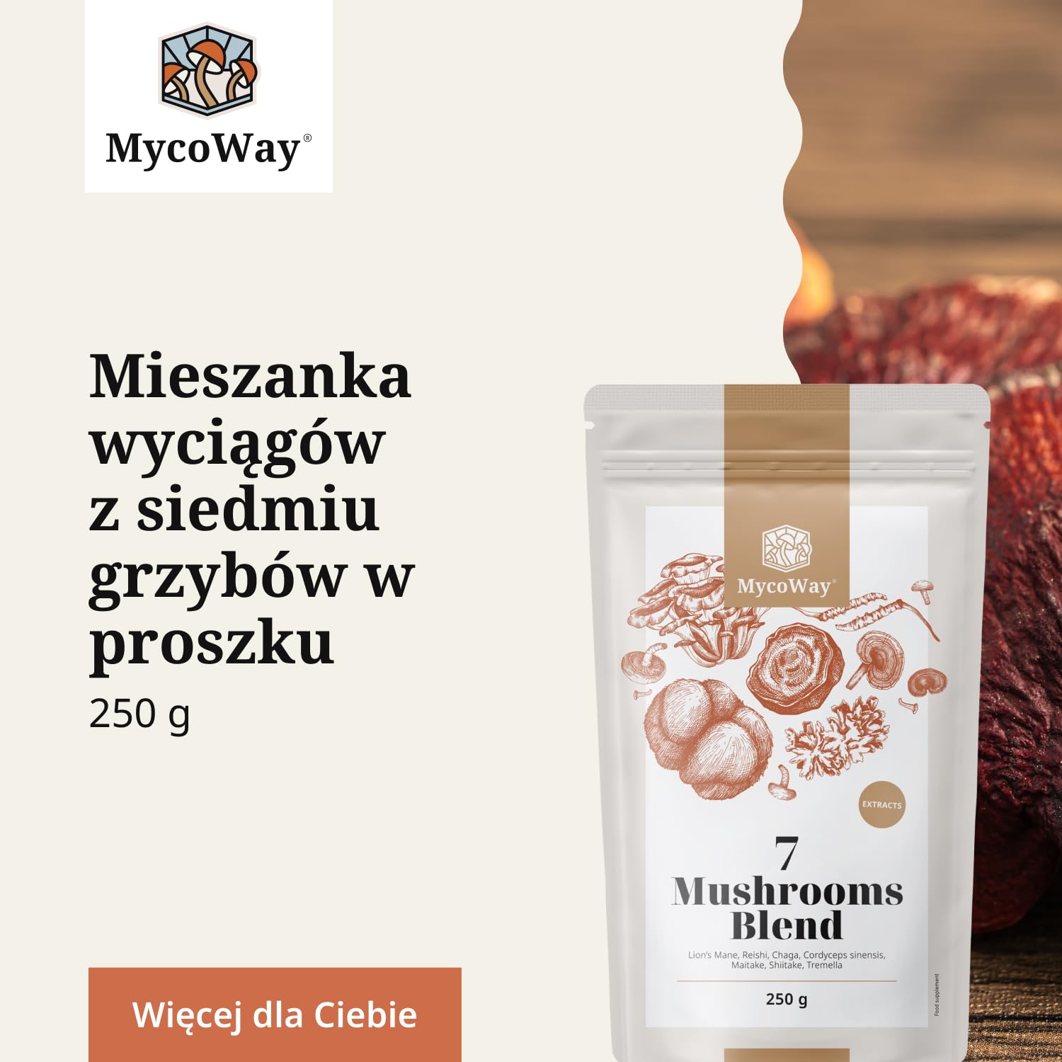 Mieszanka wyciągów z siedmiu grzybów w proszku od MycoWay – 250 g – 62 porcje – Silne naturalne wyciągi – Zastrzyk energii – Kompleksowe wsparcie dla organizmu