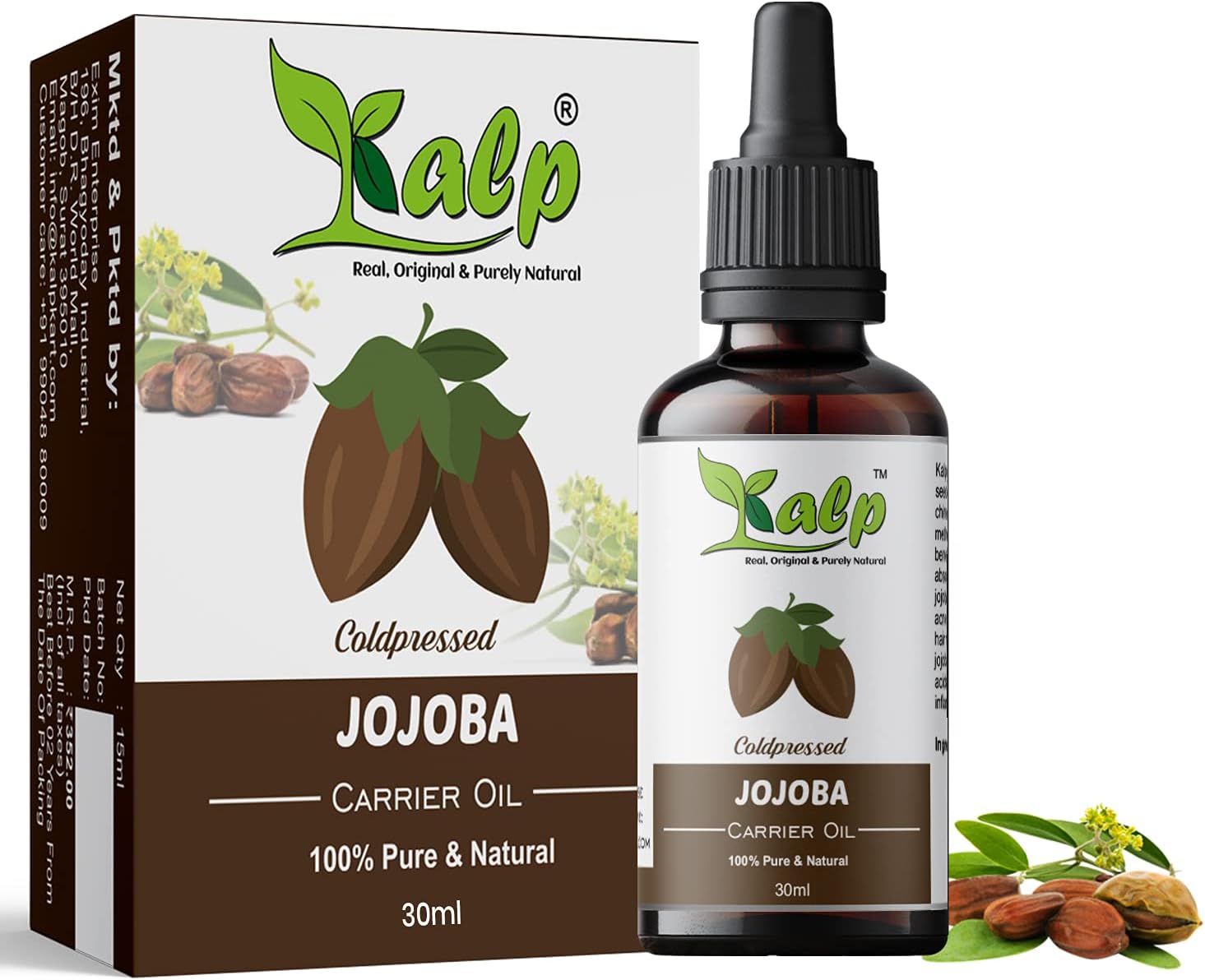 Kalp® Jojoba oil-100% Pure Virgin Cold Pressed Moisturizer For Face, Skin, Hair & Nails For Sensitive & Dry Skin (30 Ml)