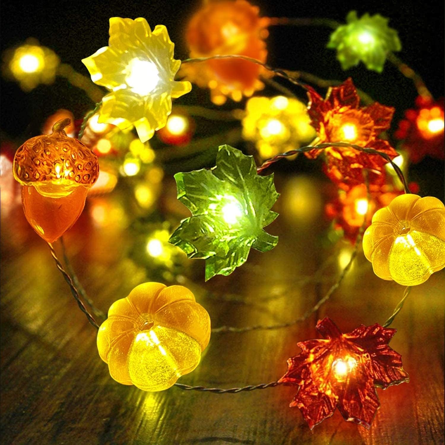 2 Pack 3D Pumpkin Maples Acorns String Lights Thanksgiving Decor, 20Ft 60 LED Thanksgiving Lights Battery Operated Warm White Fall Garland with Lights Decorations for Indoor Thanksgiving Harvest