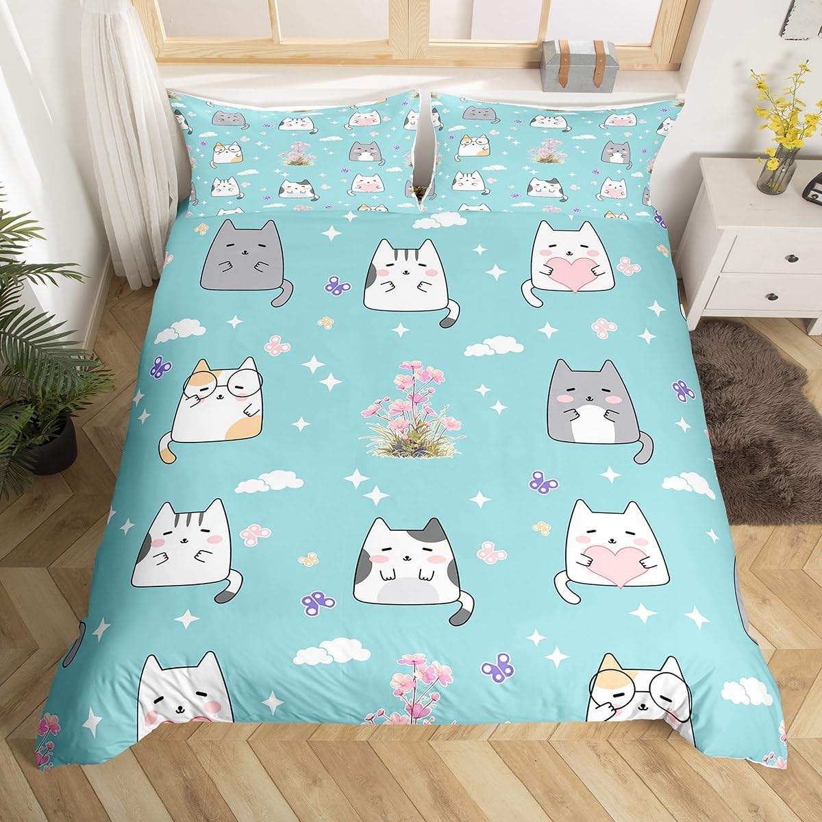 Erosebridal Kawaii Cat Kids Comforter Cover Toddler Size Teal Pink Grey Cute Bedding Set for Boys Girls Cartoon Kitten Animal Duvet Cover Flower Butterfly Cloud Stars Bed Set Room Decor