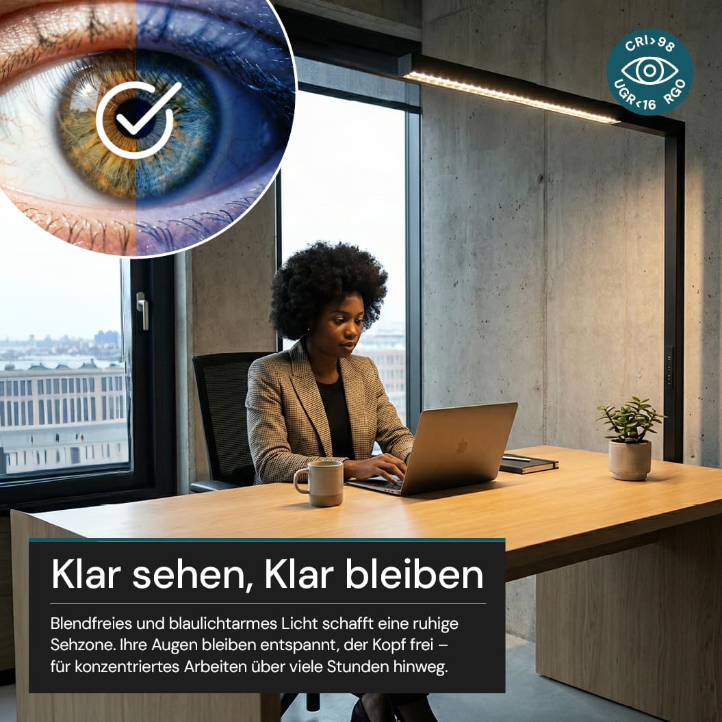LUXULA Büro Stehleuchte LED Up/Down dimmbar Schwarz - Stehlampe Büro mit Touchsteuerung & Automatikdimmung, 45W 3500lm, 4000K Neutralweiß, UGR<16, CRI 98, Up/Down regelbar, 90° Abstrahlwinkel