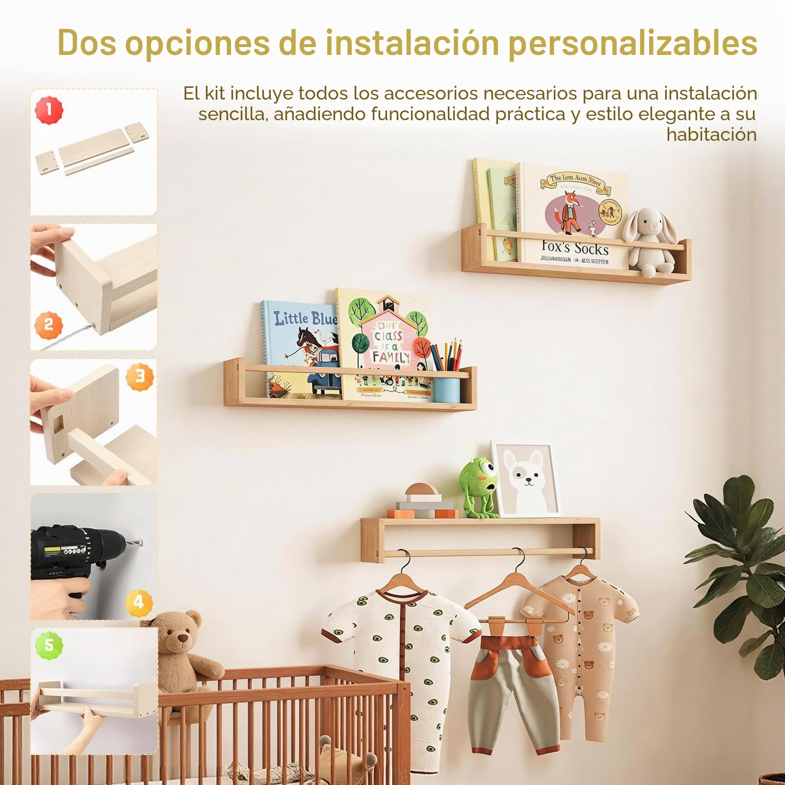 Juego de 4 estantes flotantes de Madera para Libros de Pared para guardería | estante de exhibición montado en la pared para el hogar, dormitorio, habitación del bebé, habitación de los niños