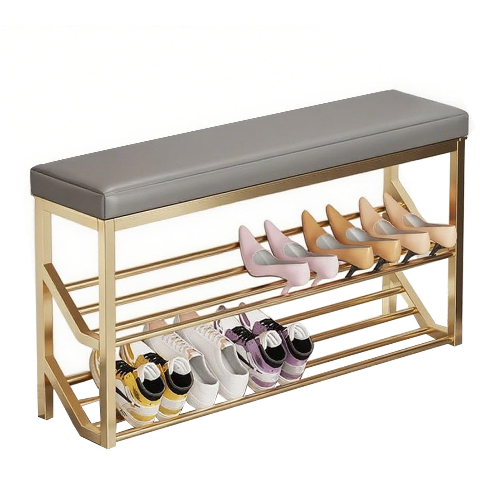 LWJSOCP Narrow Shoe Changing Stool 2-Tier Shoe Rack with PU Leather Cushion & Metal e Stylish Storage for Home Entrance Hallway & Living Room (Grey & d 80x20cm)