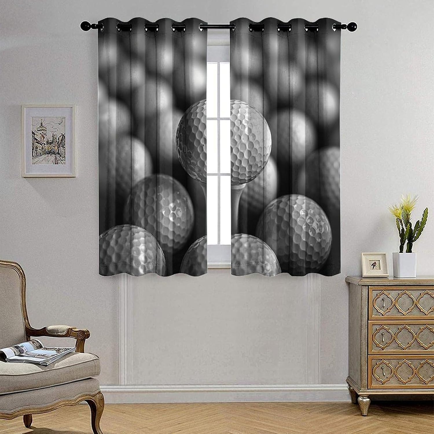 Golf Ball Curtains for Bedroom, Black White Sport Texture Grommet Blackout Curtains Thermal Insulated Window Drapes for Living Room, 36W x 63L, 2 Panels