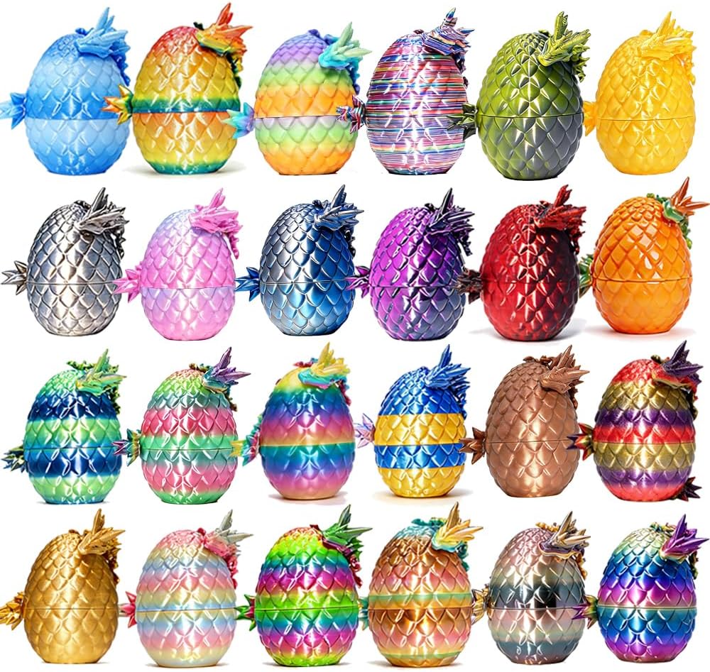 24 Pack 3D Printed Dragon Eggs with Dragon Inside, Bulk Articulated Dragon Fidget Toy Collection, Mystery 3D Printed Animals for Party Favors, Easter Basket Stuffers for Kids Boys Girls