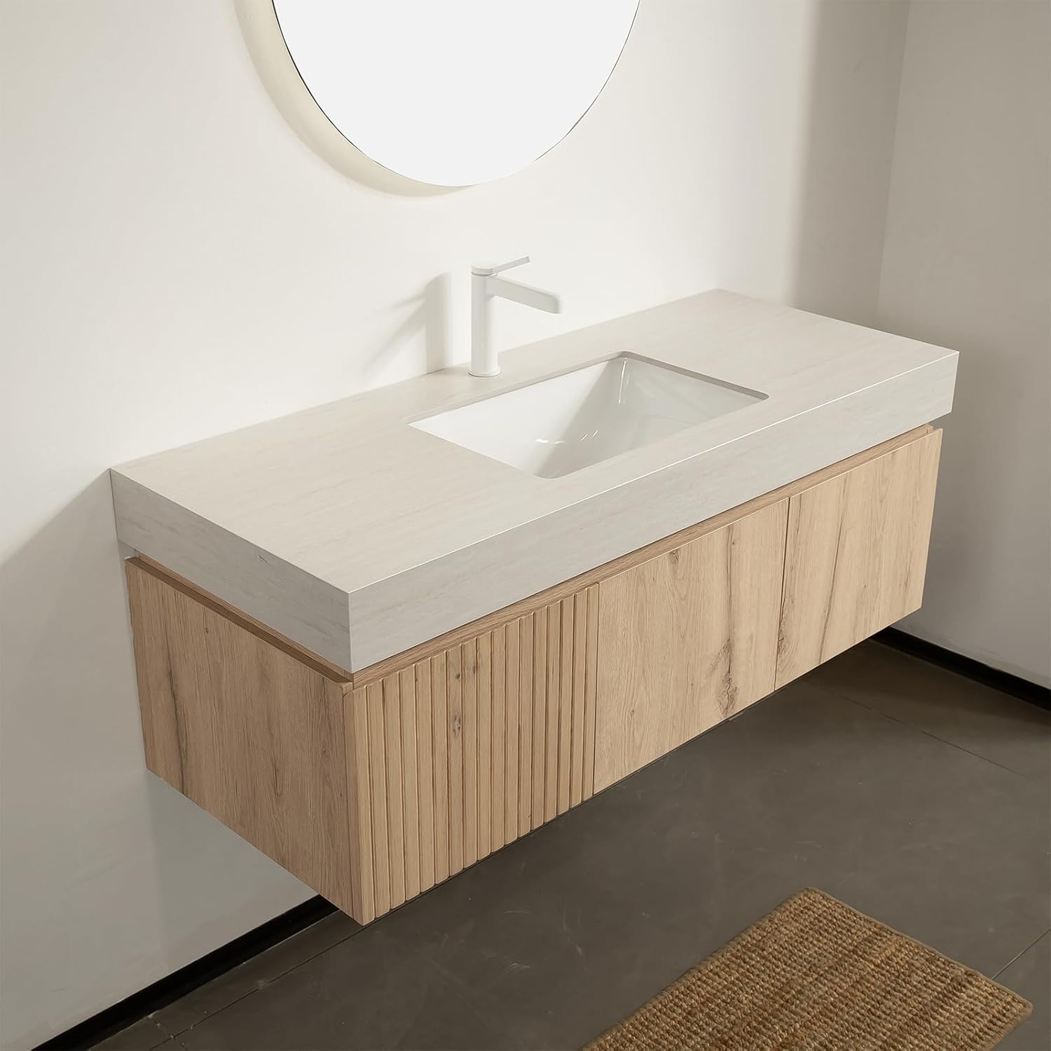 Ambrovina 48 inch Bathroom Vanity with Sink, Wall Mounted Bathroom Vanities with Drawer and 2 Doors, Roma Travertine-Pattern Countertop and Ceramic Basin, Pre-Assembled, Light Wooden Color