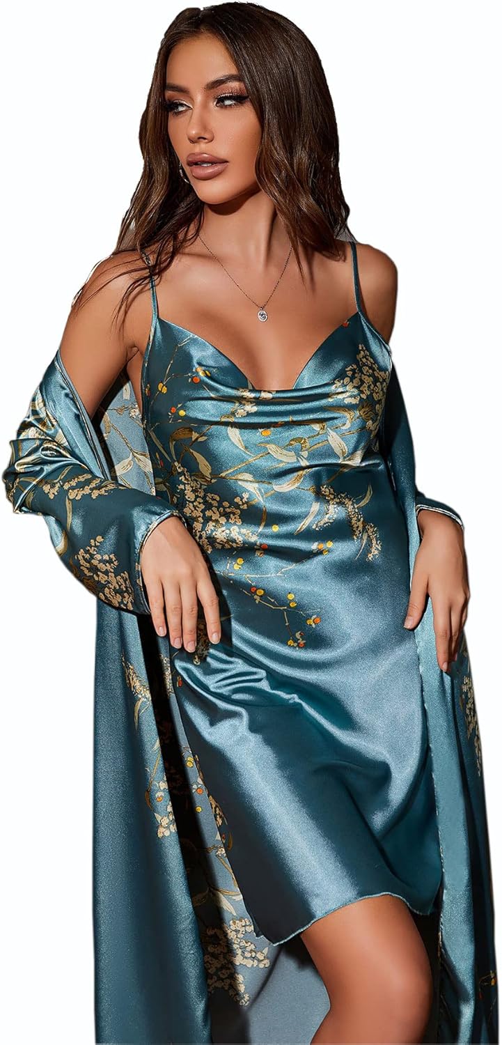 DQSSYTTX 花柄ナイトガウンとローブセット 女性用 ナイトシャツ バスローブ フラワー 着物 ローブ 寝間着 キャミセット M