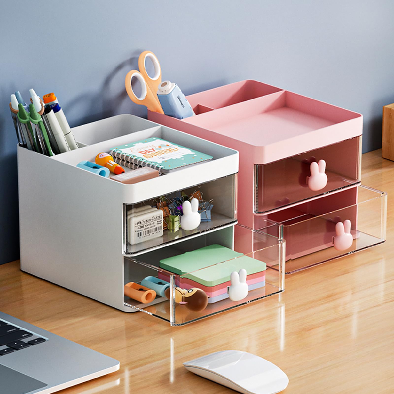 Organiseur De Bureau En Bois De Bambou Avec 3 Tiroirs - Boîte De Rangement Élégante Pour Maquillage, Bureau, Maison Et École, Blanc