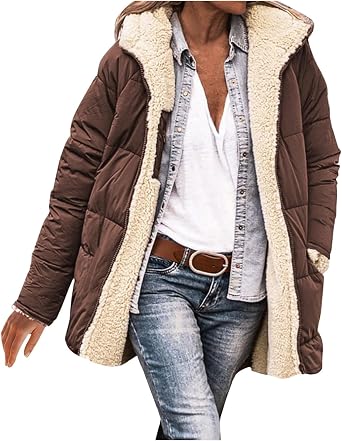 Lolvmvchi Womens Winter Coats Warm Fleece Lined Longline Padded Jackets Oversized Long Sleeve Hooded Quilted Overcoat