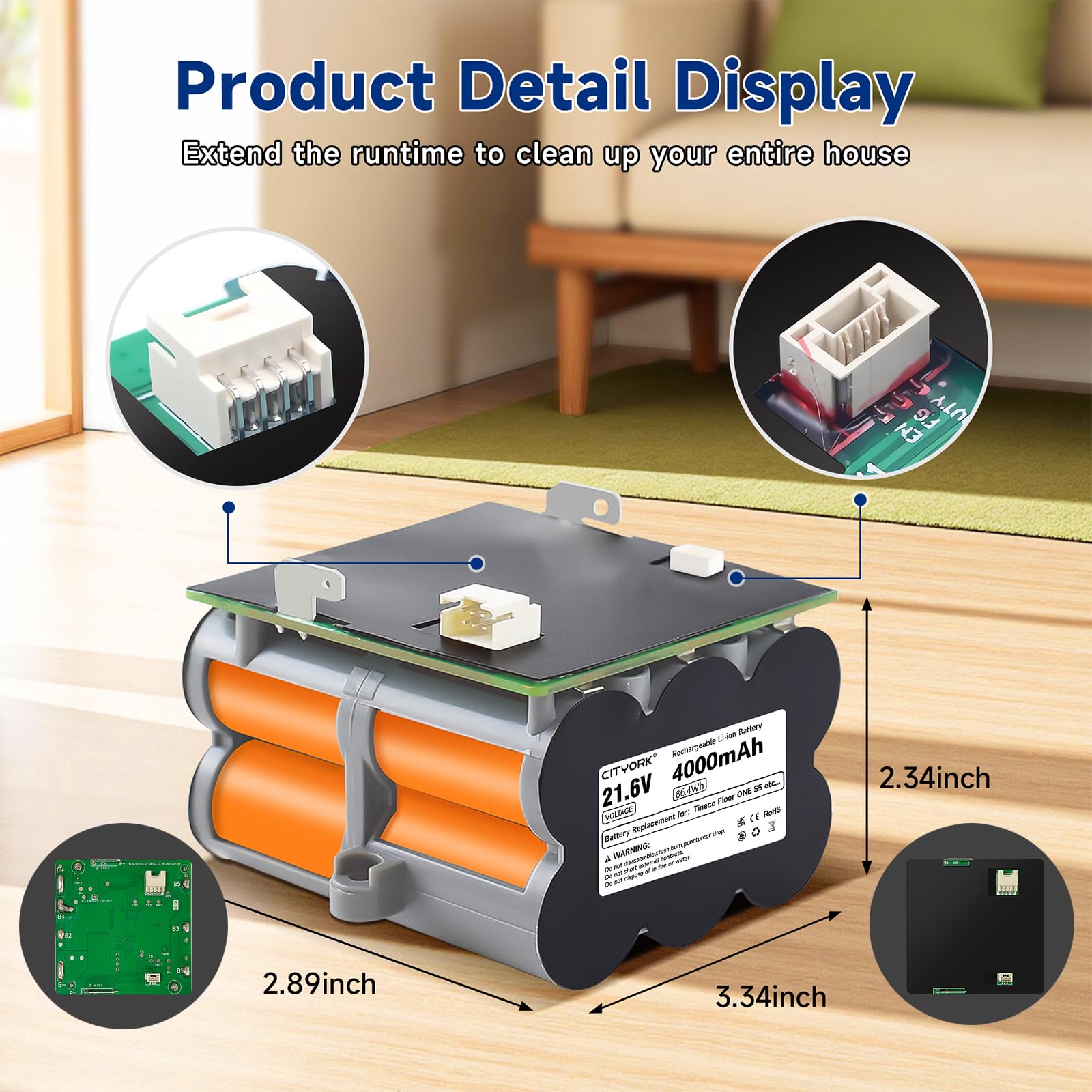 CITYORK Batteria di ricambio 21.6V 4000mAh compatibile con Tineco Floor ONE S5/S5 PRO 2/Floor ONE S5 Smart/S5 Steam Cordless Vacuum Cleaner