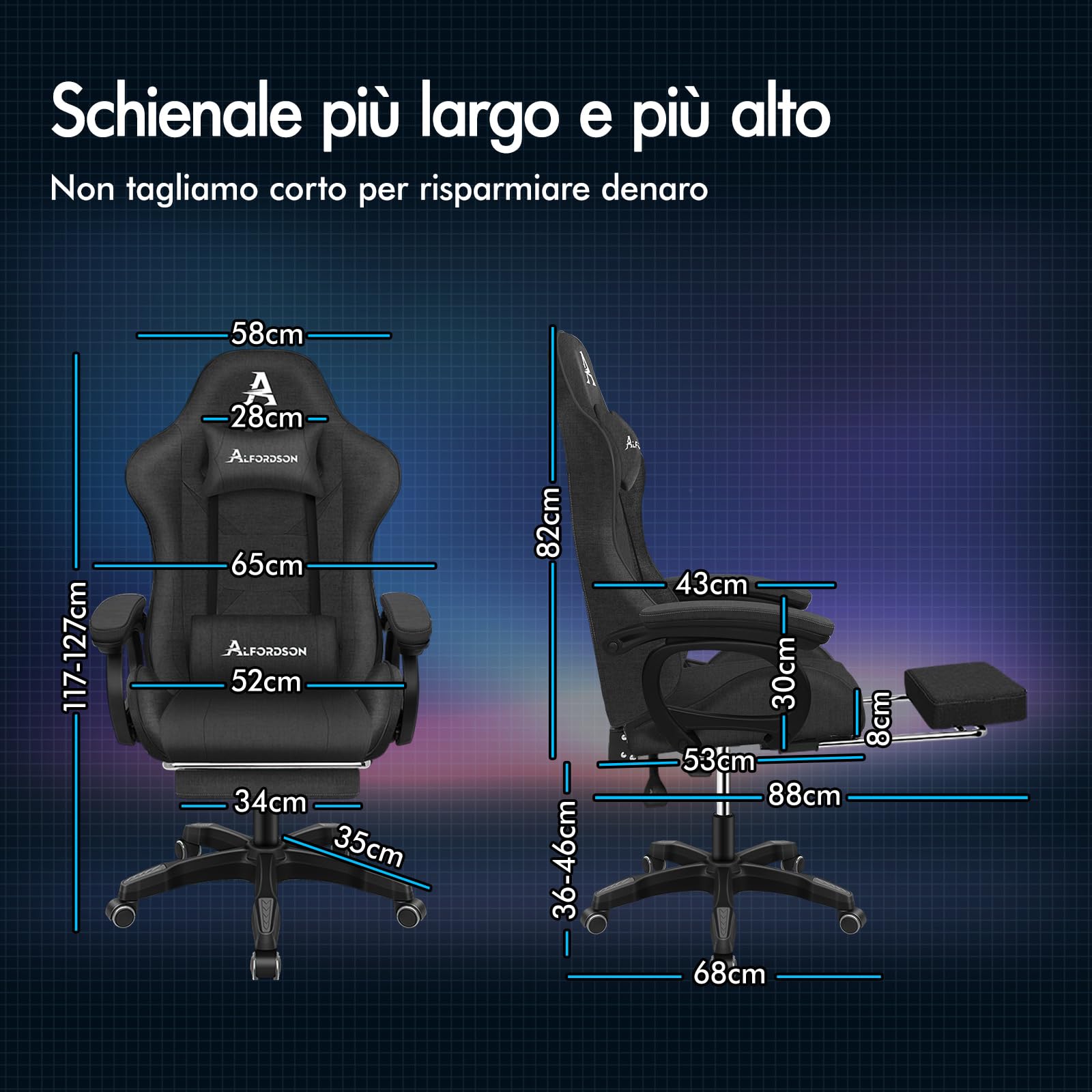 ALFORDSON Sedia da Gaming Massaggiante, Sedia Gamer con Cuscino Lombare e Poggiatesta, Poggiapiedi Telescopico, Ergonomico Sedie da Ufficio Schienale Regolabile 90-150°, Tessuto(Grigia scura)