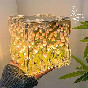 Blossom Box, Tulip Luminous Garden, Handmade DIY Magic Cube Tulip Flower Night Light Tulip Mirror Lamp, Creative Gift for Girls, Women, Friends, Birthday, Christmas Yellow