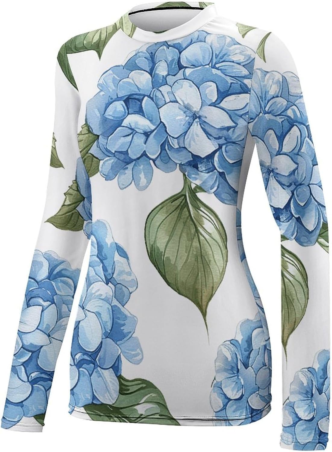 Blue Hydrangea Pattern Rash Guard for Women UPF 50+ UV Sun Protection | Long Sleeve Workout Top Quick Dry Athletic Hiking Shirt Moisture Wicking Swim Shirt for Running, Cycling, Swimming
