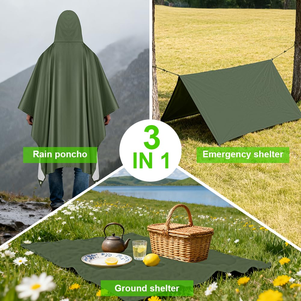 Vicloon Poncho de Lluvia Impermeable, Chubasquero con Capucha para Mujer Hombres, 3 en 1 Multifuncional Chubasquero Transpirable Ultrafino, Toldo Manta, Estera de Camping, Talla grande con Bolsa A