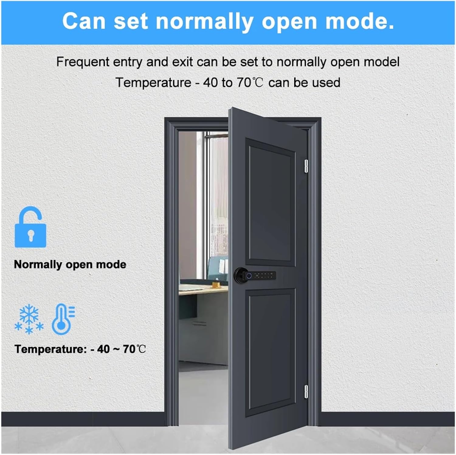 Smart door lock set to normally open mode, with an icon indicating unlocked status and temperature range.