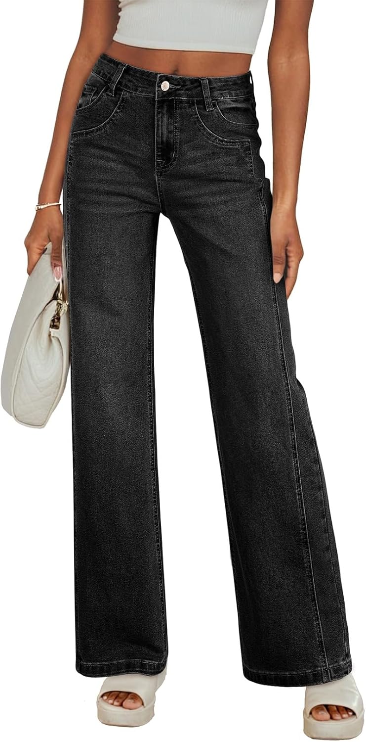 Sidefeel Women's Wide Leg Jeans High Waisted Stretchy Jeans Straight Leg Trendy Patchwork Loose Fit Denim Pants