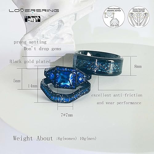 Miniatura 2 de LOVERSRING Juego de anillos de novia para parejas, chapado en oro negro, circonita azul, acero inoxidable de 10 quilates, anillo de boda