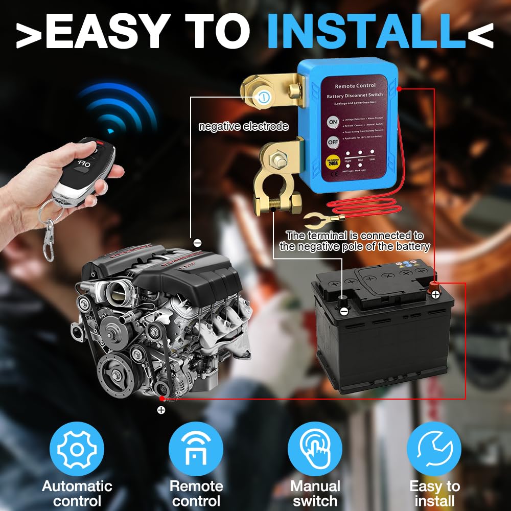 Drahtloser Ferngesteuerter Auto Trennschalter, Batterie Trennschalter 12V /24V 240A, Fernbatterie TrennsChalter mit 2 Fernbedienung, Automatische Abschaltung Schalter für Auto, ATV, LKW, Boot
