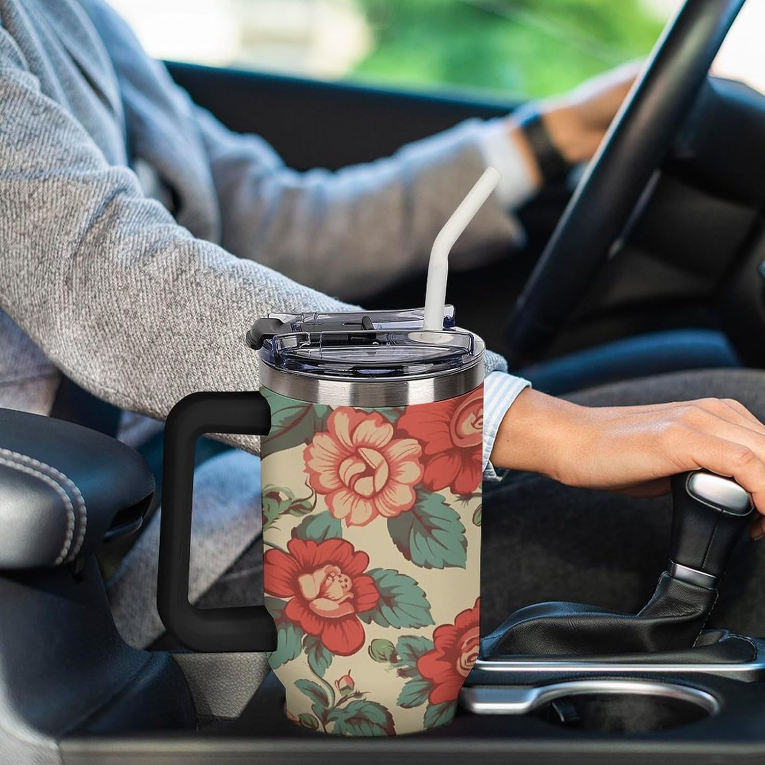 Large Car Cup with Handle&Lid Fashion Retro Flower Tumbler Sturdy Insulated Water Bottle Stainless Steel Vacuum Travel Mug Portable Coffee Cup for Home Outdoor 40 Oz Black-style
