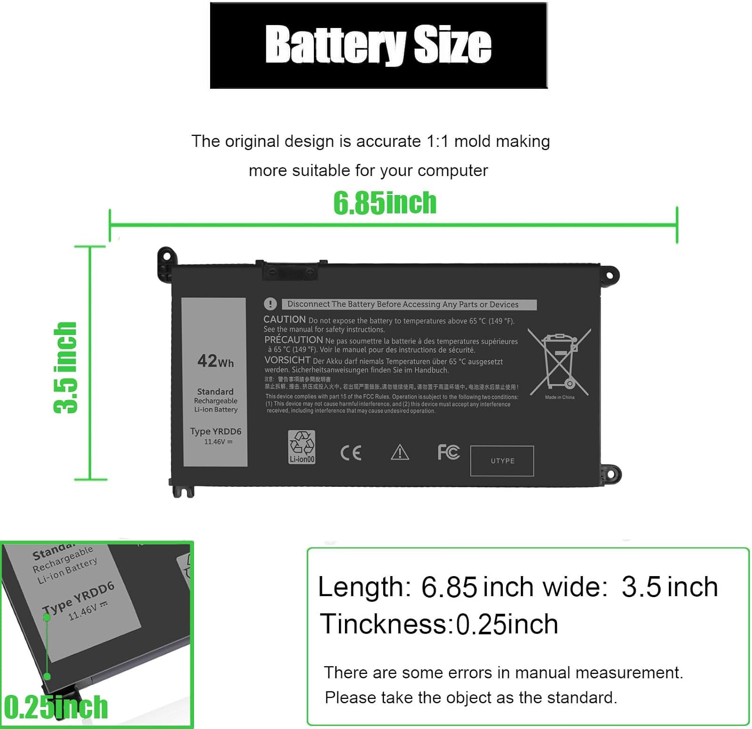 YRDD6 42Wh Laptop Battery for Dell Inspiron 15 3000 5000 Series 3501 3582 3583 3584 3593 5584 5585 5590 5591 5593 5594 5598
