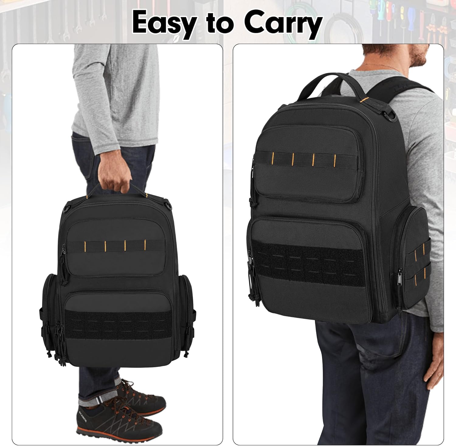 Tool Bag Backpack with 3 Tool Zipper Pouch, Tool Organizer Bag for Men with Padded Support, Tactical Tool Storage Work Bag for Repairman, Electrician, Handyman, Black (Patented Design)