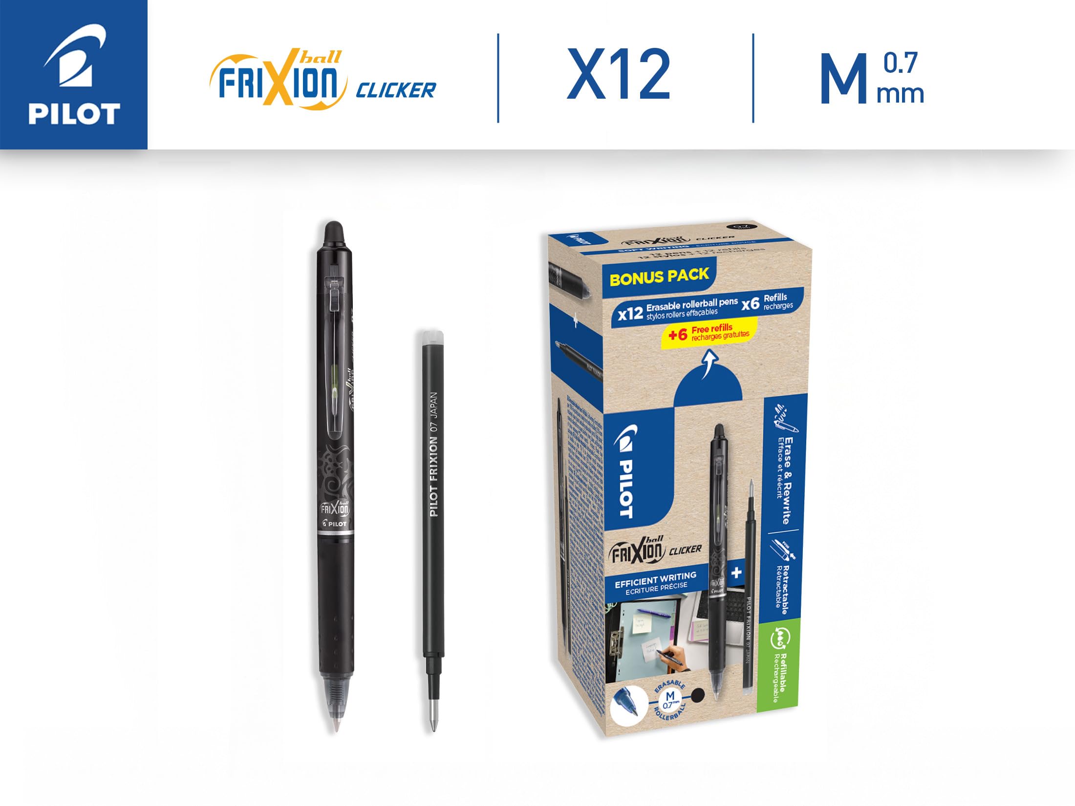 PILOT - Lot de 12 FriXion Ball Clicker 07 + 12 Recharges - Stylo Effaçable à Encre Thermosensible - Stylo Roller Rétractable et Rechargeable - Noir - Pointe Moyenne