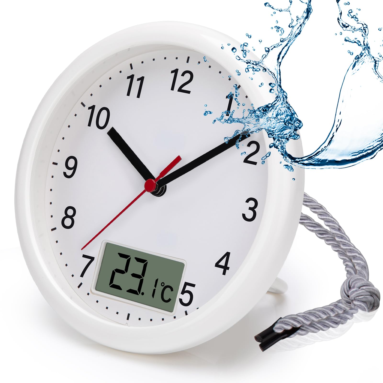 VIVILINEN Bathroom Clock with Temperature Display Wall Clock without Ticking Noises Kitchen Clock with Hanging Strap and Stand Moisture Resistant 17 cm